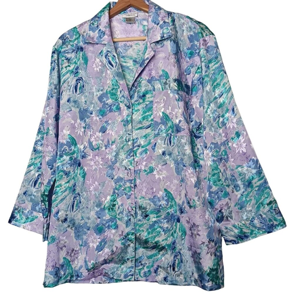 Vintage Linda Hartman Intimates Small Sleep Shirt Long Sleeve Floral Silk Rayon